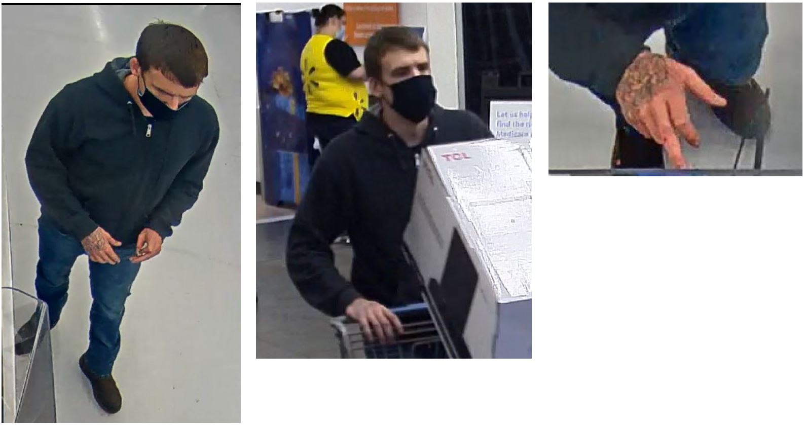 Photo collage consisting of 3 photos. Left is full body photo of suspect wearing a black mask, dark, zipped up hoodie, jeans and dark shoes. Middle photo is of suspect pushing shopping cart. Photo on right is a close up of suspect's right hand showing an intricate tattoo. 